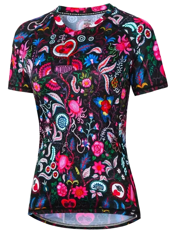 Women's cycling jersey with vibrant floral and heart pattern, short sleeves, black base