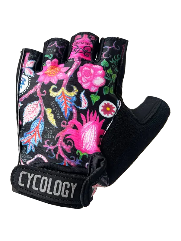 Glove with colorful floral design and 'Cycology' branding