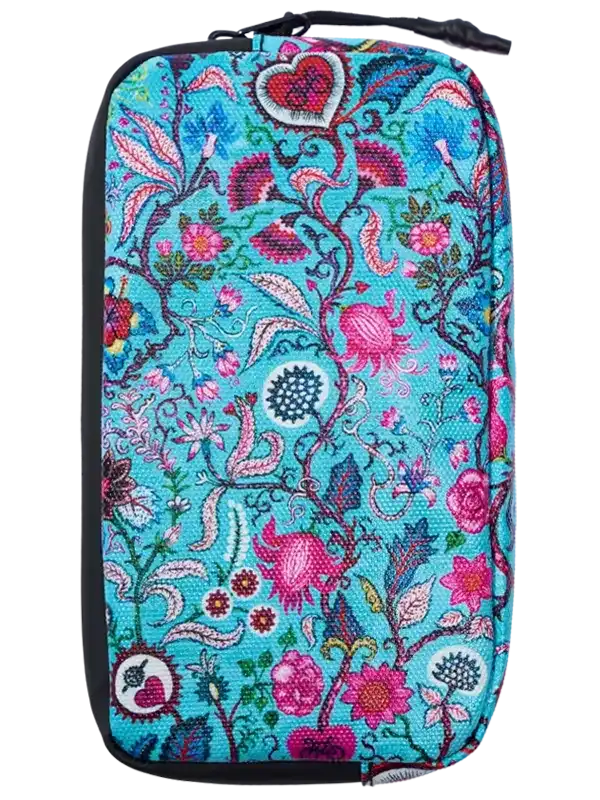 Vibrant floral patterned pouch with turquoise background, pink flowers, and heart motifs, ideal for cycling gear storage.