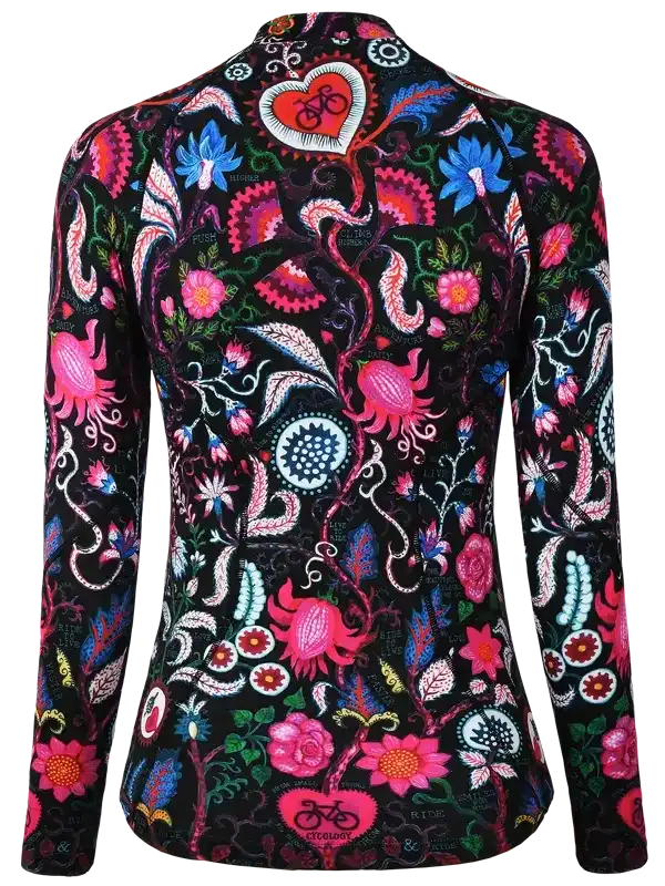 Women's long sleeve cycling jersey with vibrant floral and heart bike print on black background