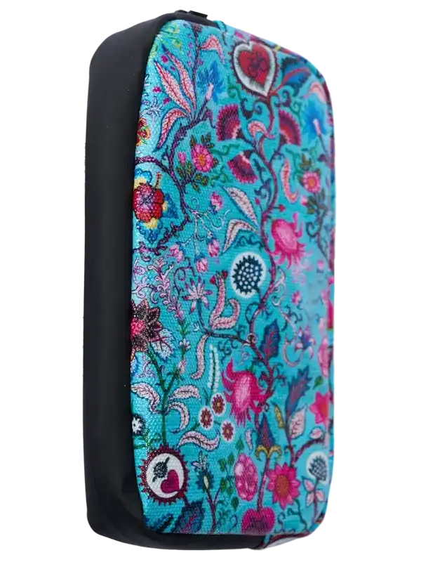 Vibrant floral cycling pouch with turquoise background and pink accents, ideal for bike gear storage.