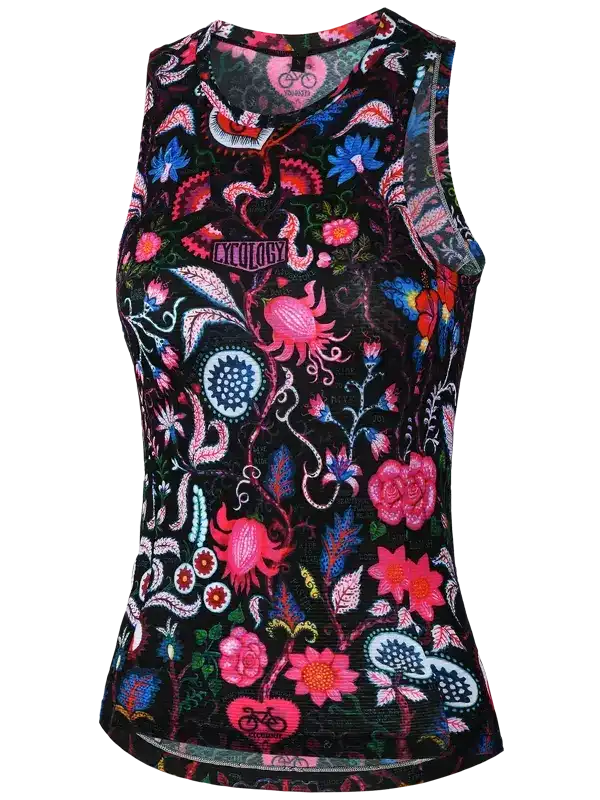 Women's cycling tank top with vibrant floral and octopus print on black mesh fabric, ideal for performance rides.