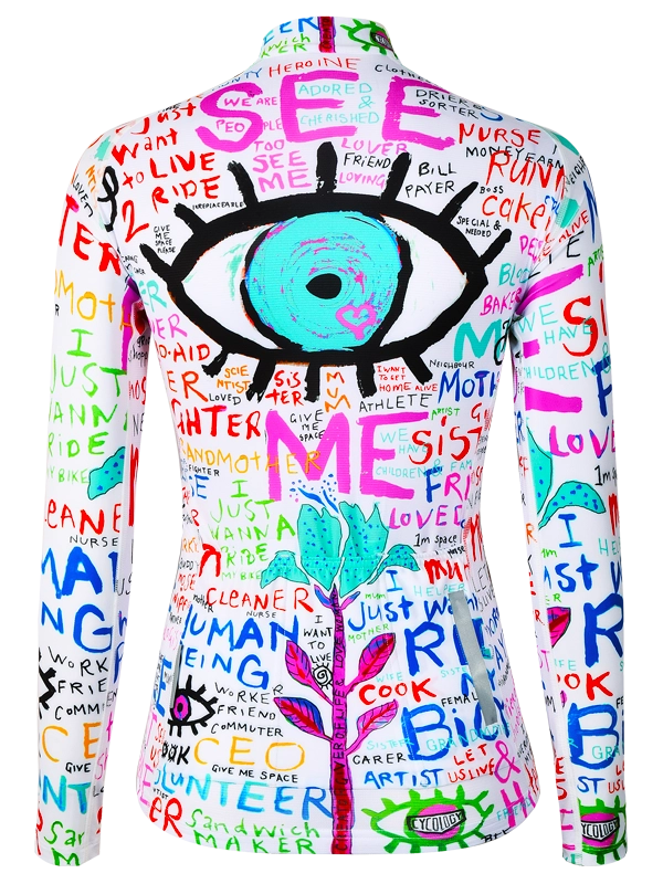 Colorful  women's long-sleeve cycling jersey with artistic designs and text on a white background
