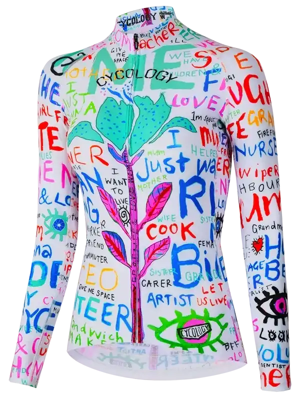 Colorful women's cycling jersey with bold graffiti-style text and tree graphic, perfect for road biking
