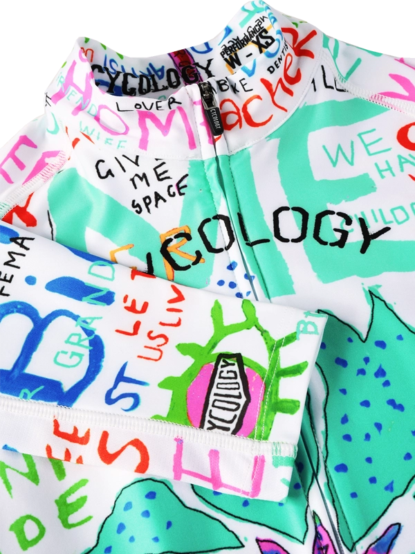 Close up of Colorful  women's long-sleeve cycling jersey with artistic designs and text on a white background