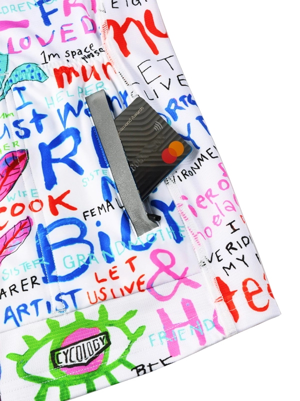 Back pockets on Colorful  women's long-sleeve cycling jersey with artistic designs and text on a white background