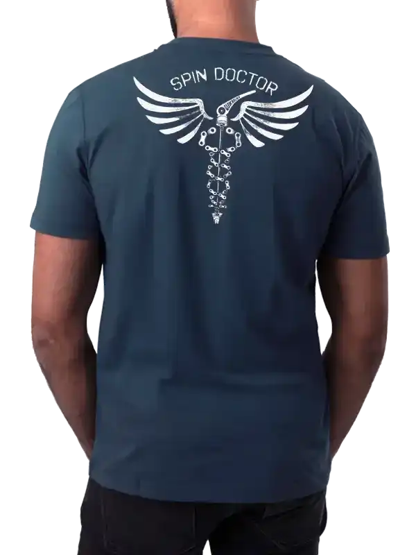 Men's cycling t-shirt with 'Spin Doctor' graphic and winged design on back