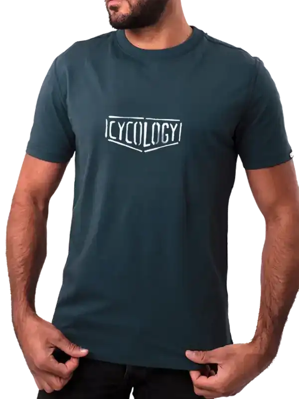 Men's dark green cycling t-shirt with white 'CYCOLOGY' logo, short sleeve, casual fit