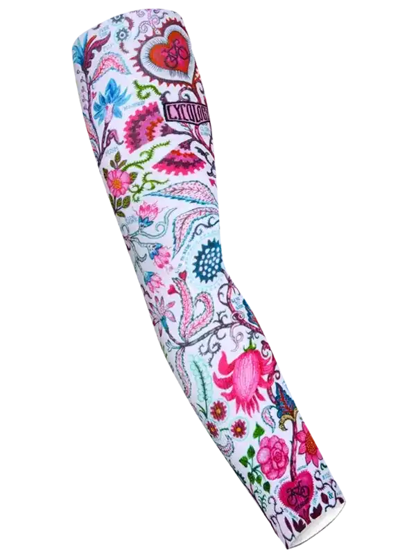 Colorful floral cycling arm sleeve with heart and bike motifs, perfect for women's bike rides