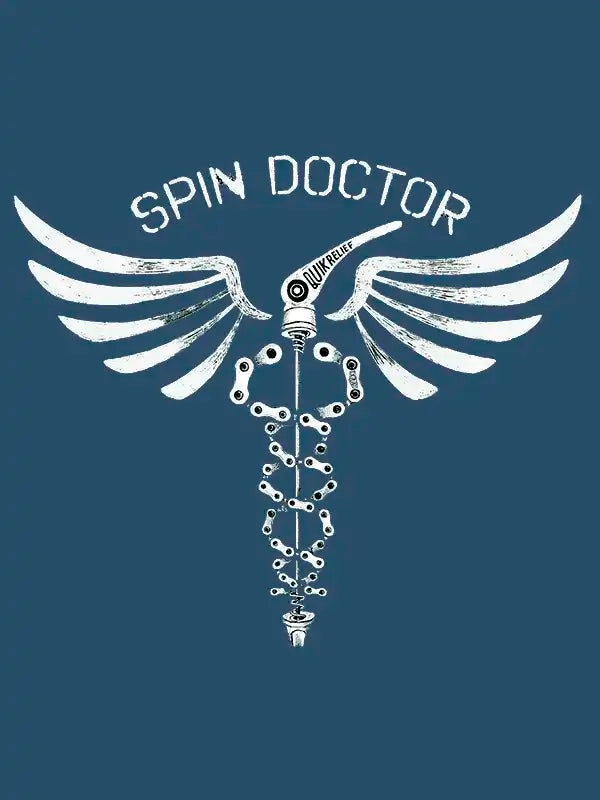 Logo with wings and 'Spin Doctor' text on a blue background
