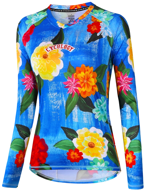 Women's Colorful floral long-sleeve  MTB Jersey with 'Cycology' branding 