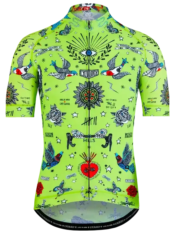 Vibrant green men's cycling jersey with tattoo-style birds, roses, and eye graphics, featuring full-zip front and performance fit.