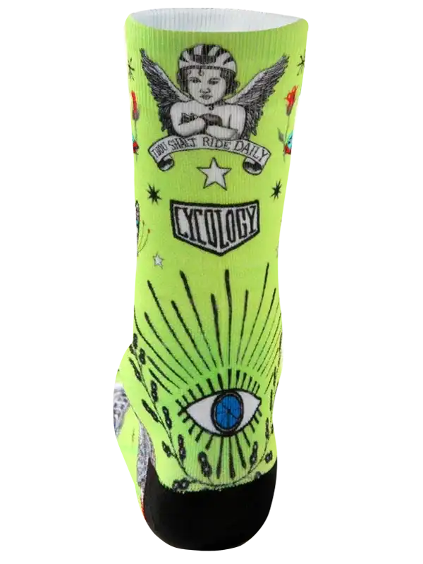 Neon green cycling sock with angel, eye graphic, and 'Thou Shalt Ride Daily' text for bike riders