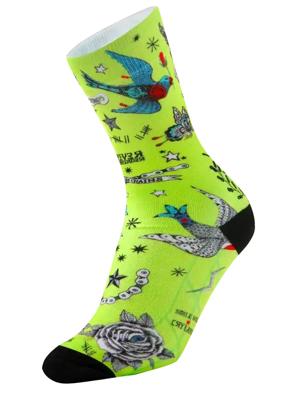 Bright green cycling socks with bird, rose, and star designs for men and women