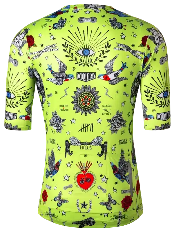 Vibrant neon green cycling jersey with tattoo-style graphics, birds, eyes, and roses for men and women riders