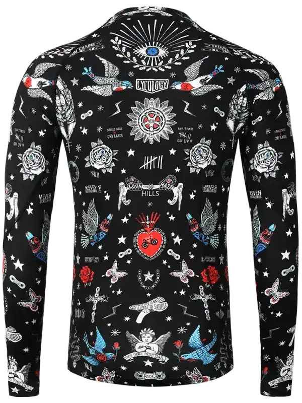 Men's black long sleeve cycling jersey with tattoo-style graphics, roses, birds, and stars