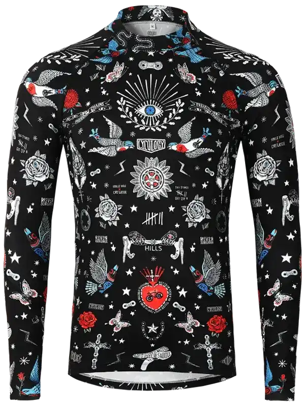 Men's long sleeve cycling jersey with tattoo-style graphics, roses, birds, and stars on black background