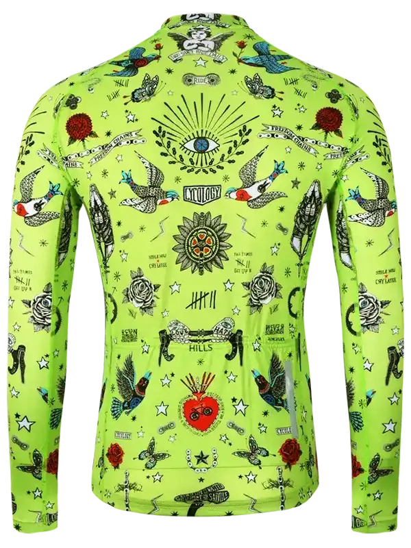 Men's neon green long sleeve cycling jersey with tattoo-style bird, rose, and eye graphics