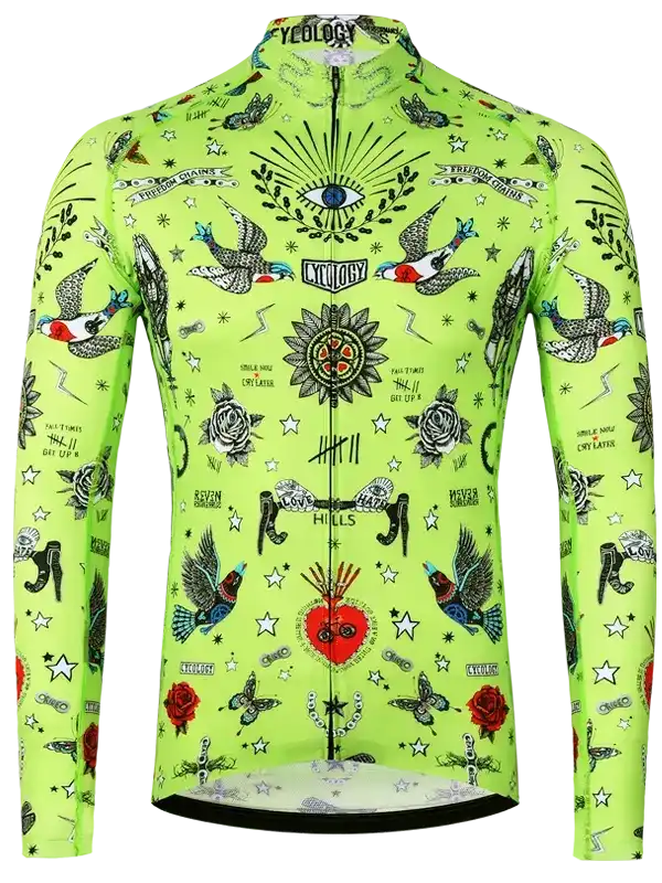 Vibrant neon green long sleeve cycling jersey with tattoo-style birds, roses, stars, and eye graphics for men or women.