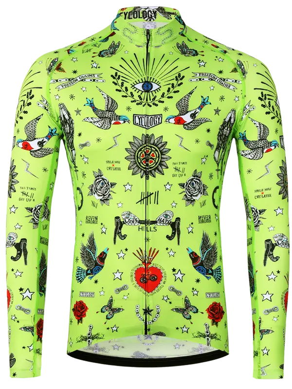 Colorful  lime men's long sleeve cycling jersey with intricate tattoo like designs