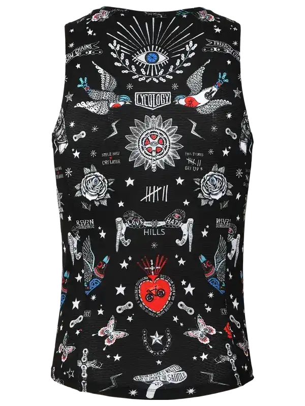 Black sleeveless cycling vest with tattoo-style graphics, stars, roses, and eye design for men and women