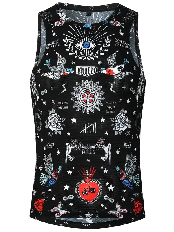 Black sleeveless cycling jersey with eye, roses, birds, and heart graphics for men and women