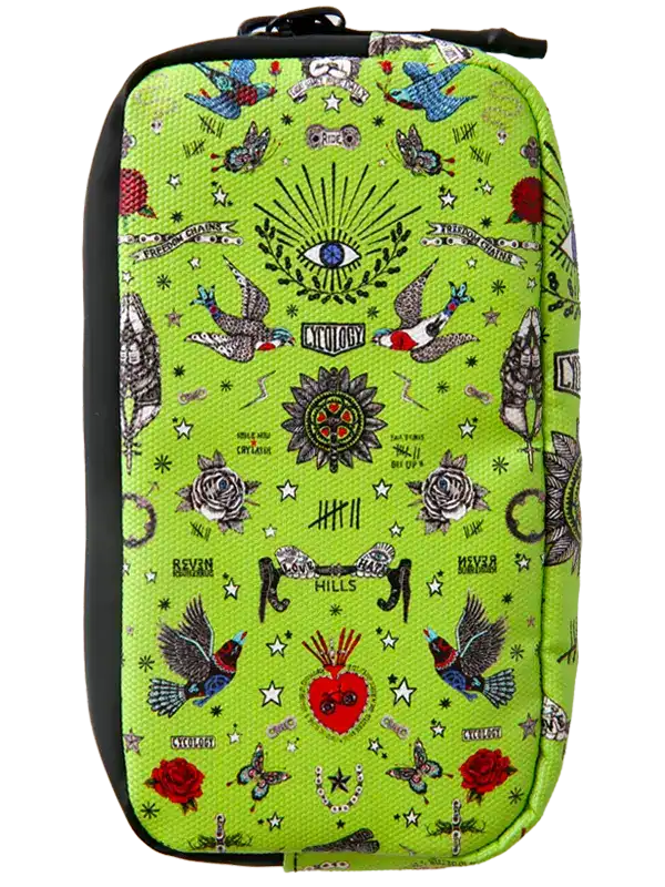 Green Tattoo Cycling Wallet by Cycology Clothing featuring unique tattoo-style illustrations.