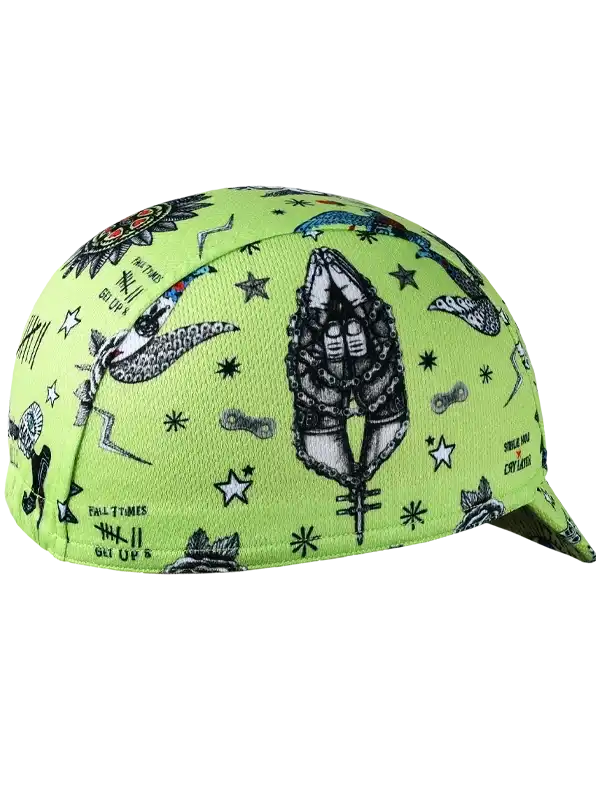 Lime green cycling cap with edgy tattoo-style graphics, stars, and chain motifs for men and women riders.