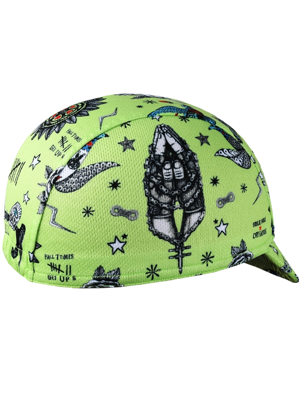 Green cycling cap with black and white pattern on a white background