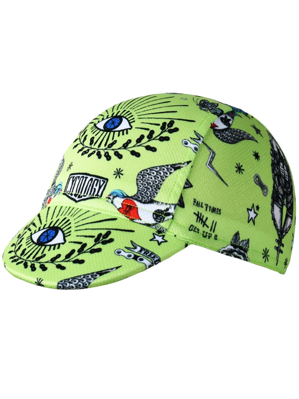 Green cycling cap with black and white pattern on a white background