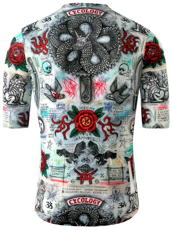 Men's cycling jersey with bold tattoo-style graphics, roses, dragons, and motivational phrases for road biking