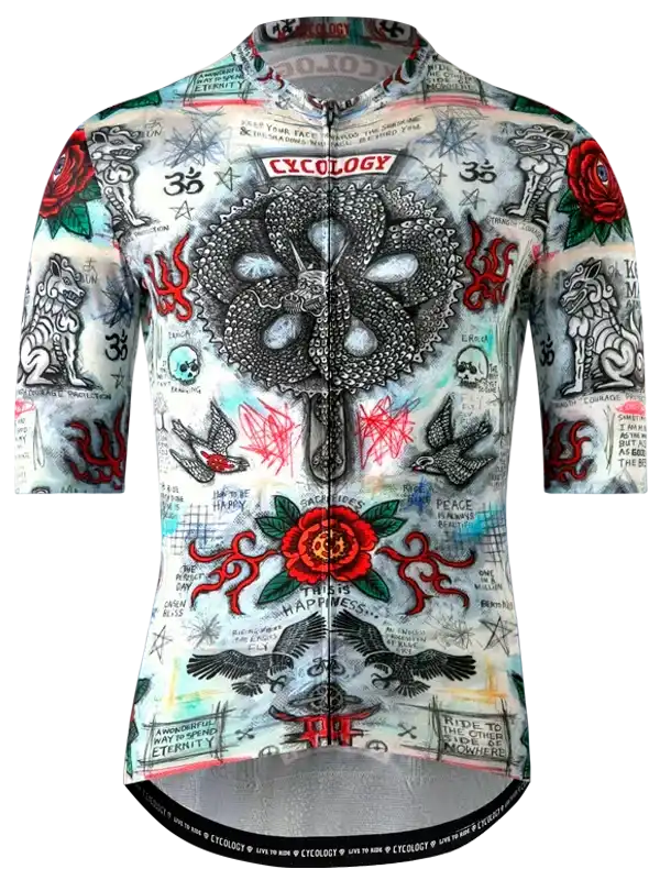 Men's cycling jersey with bold tattoo-style graphics, red roses, and symbolic art for road biking