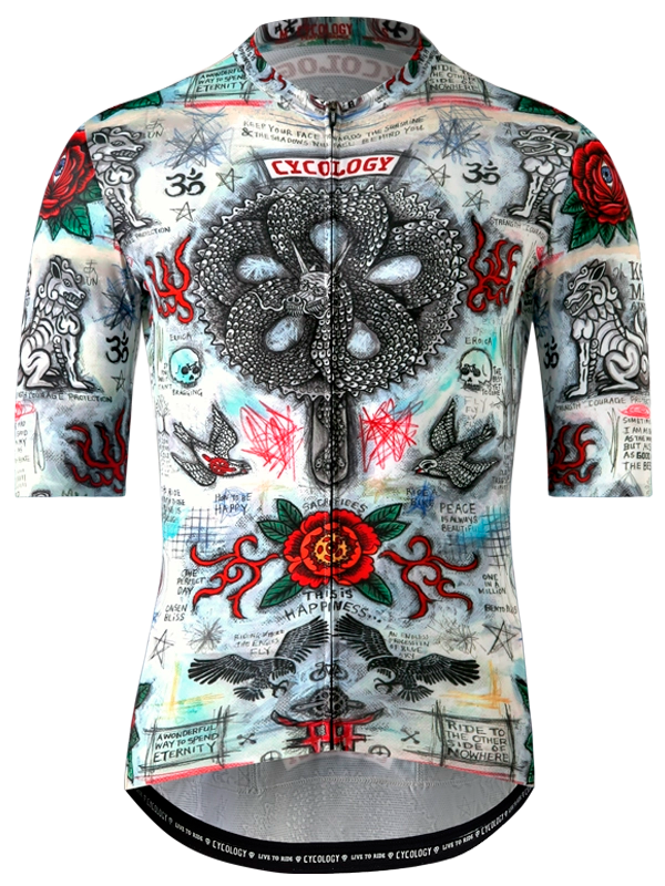 Men's cycling jersey with intricate designs and symbols on a white background
