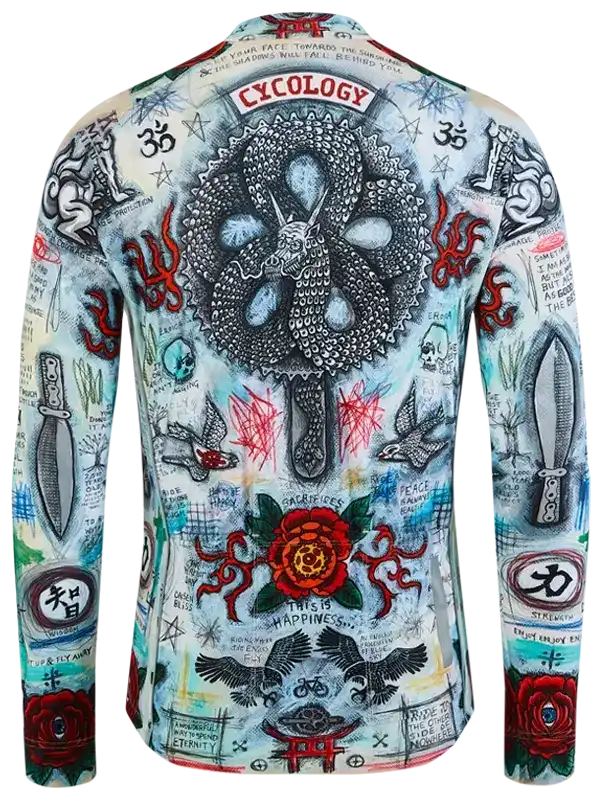 Men's long sleeve cycling jersey with bold tattoo-style graphics, roses, and symbolic designs for road biking.