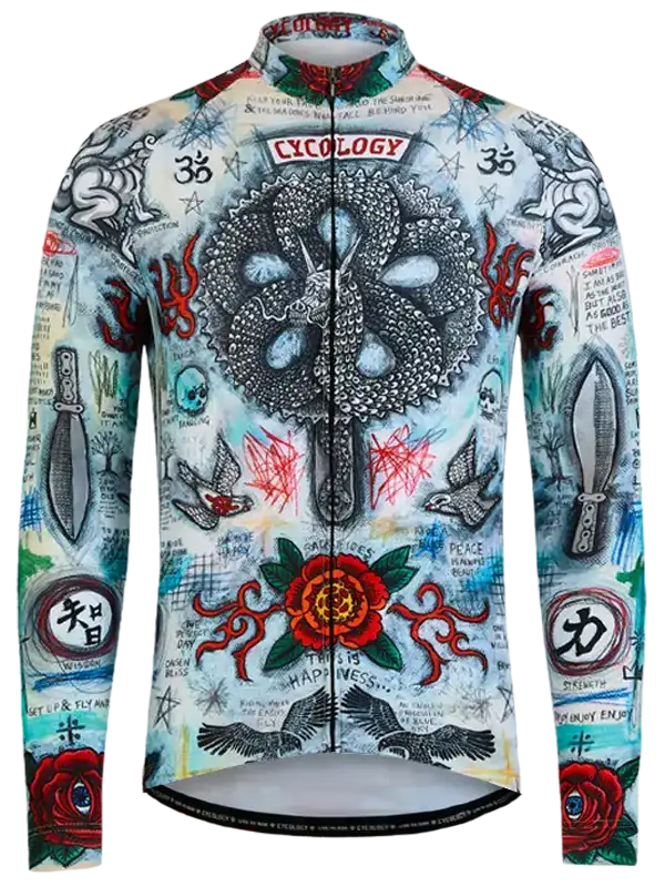 Men's cycling jersey with unique tattoo-inspired design, featuring roses, skulls, and symbolic art for road biking.