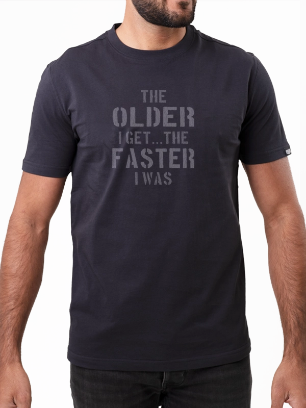 Charcoal men's  t-shirt with white text worn by a person 