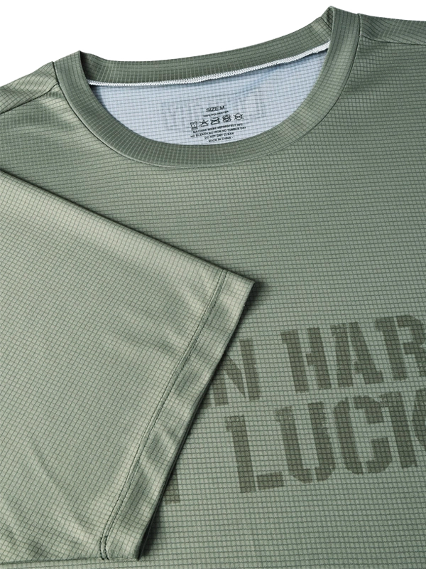 Men's Green athletic t-shirt with 'TRAIN HARD GET LUCKY' text on the front 