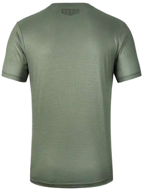 Men's olive green cycling jersey with textured fabric and small back logo, ideal for bike rides