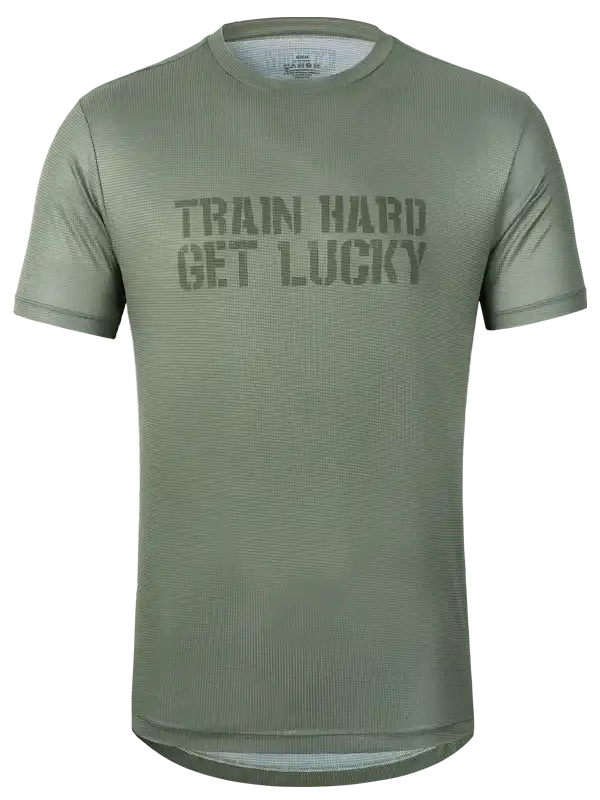 Olive green cycling jersey with 'Train Hard Get Lucky' text, breathable fabric for men's bike rides