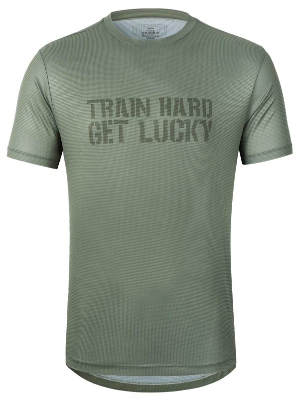 Men's Green athletic t-shirt with 'TRAIN HARD GET LUCKY' text on the front 