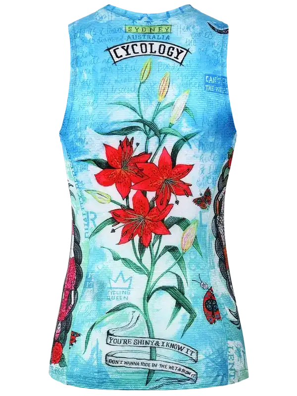 Women's cycling tank top with red lilies, butterflies, and 'Cycology' print on blue background