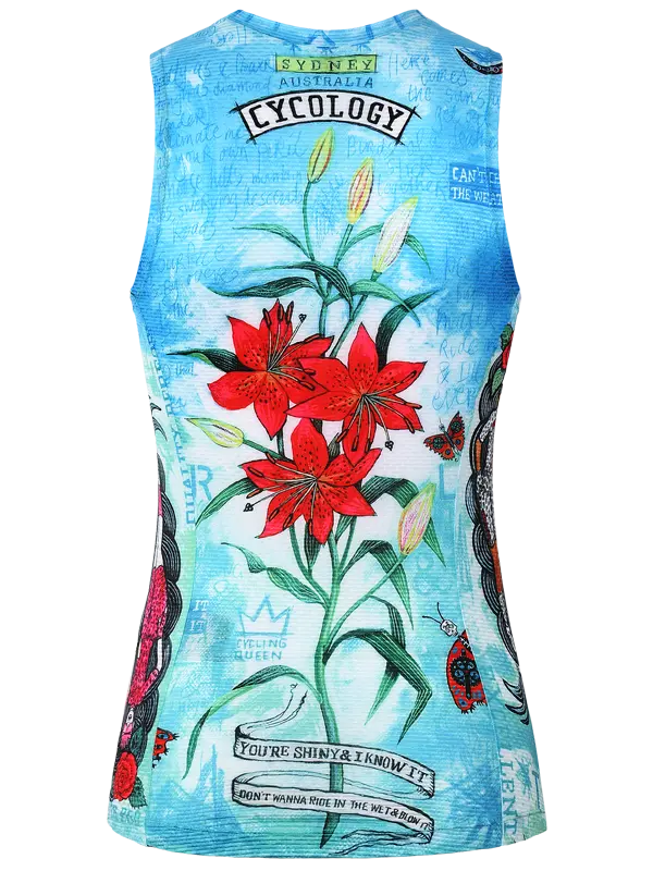 Aqua sleeveless cycling base layer with floral and butterfly design