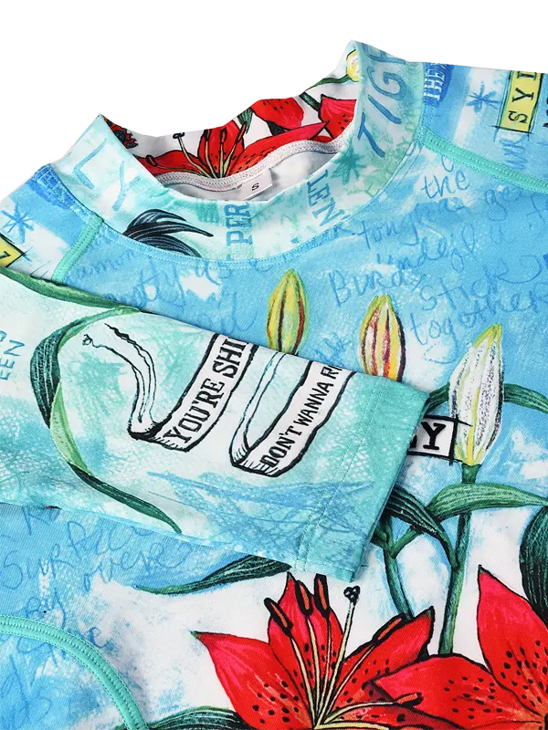 Cycling long sleeve base layer aqua with red floral design