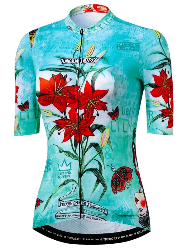 Aqua women's cycling jersey with red floral design 