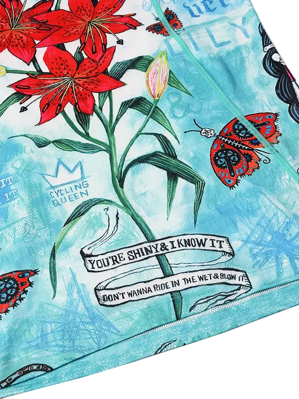 back view of floral design, text, and butterfly illustration on a blue background