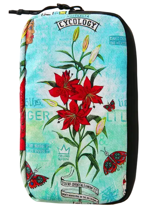 Cycology Tiger Lily cycling wallet with red floral and butterfly pattern.
