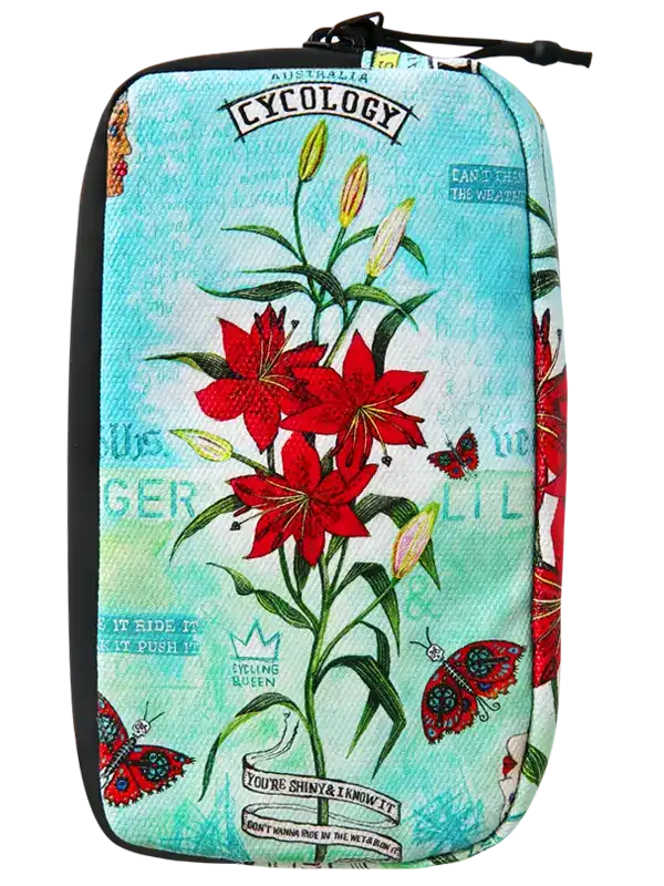 Cycology Tiger Lily cycling wallet with red lily floral pattern and butterfly motifs.