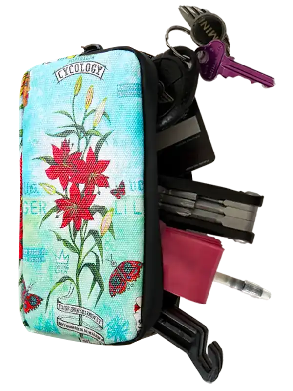 Cycology Tiger Lily cycling wallet with floral design holding keys and cards