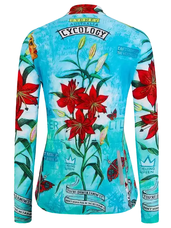 Cycling jersey with red lilies, butterflies, and text designs on a blue background