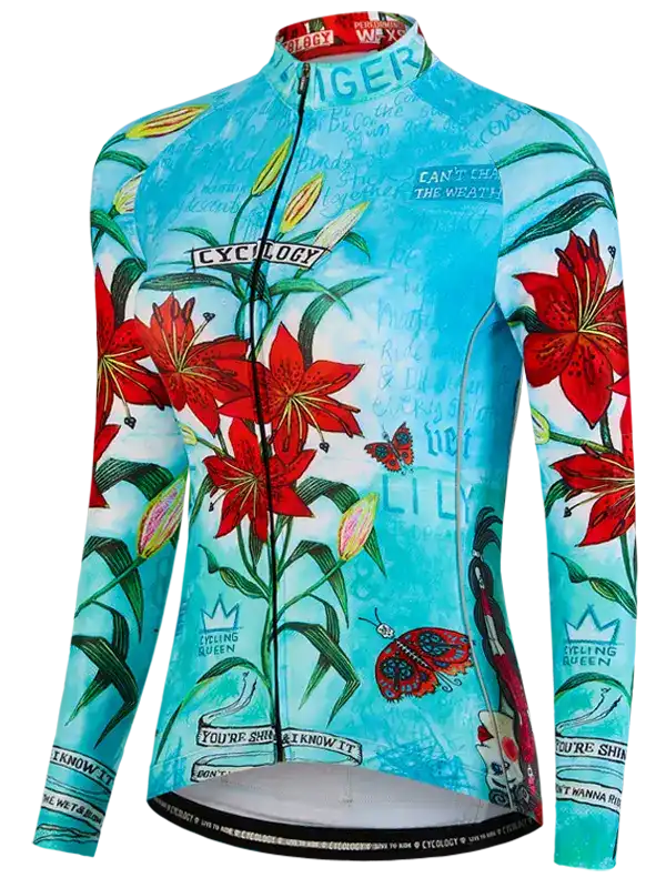 Women's long sleeve cycling jersey with red lily floral print, butterfly design, and 'Cycling Queen' text on turquoise background.